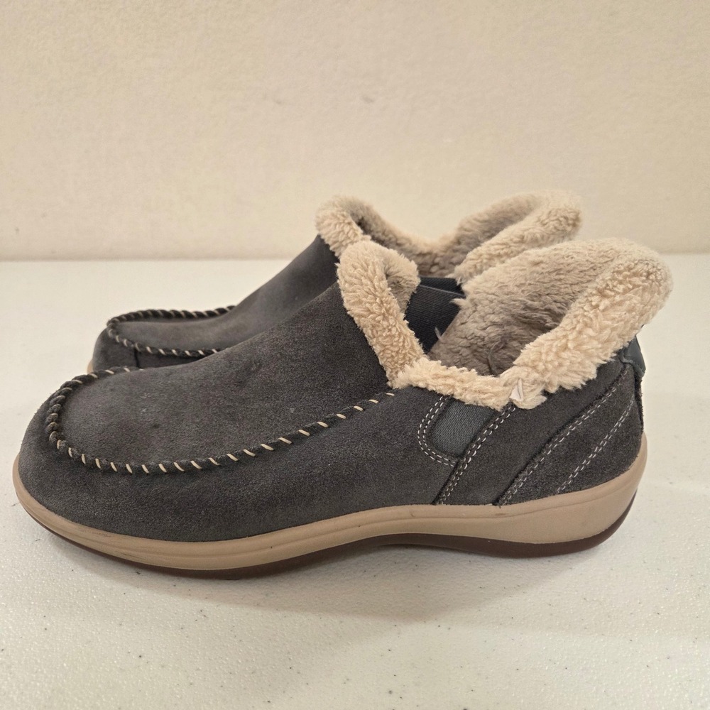 Orthofeet Hudson Gray Suede Faux Fur Lined Orthopedic Moccasin Slippers 8B